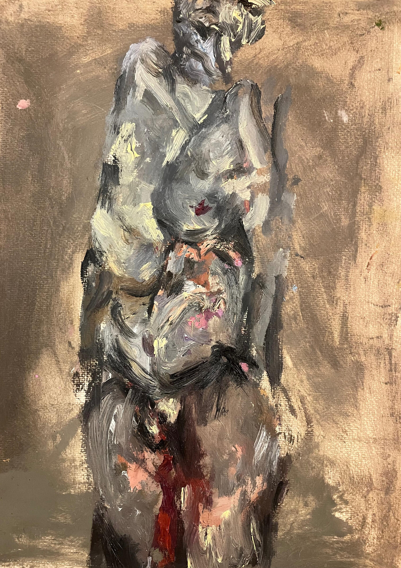 Woman Under the Bright Sun, 2024 · Oil paint on cardboard · 30 × 60 cm